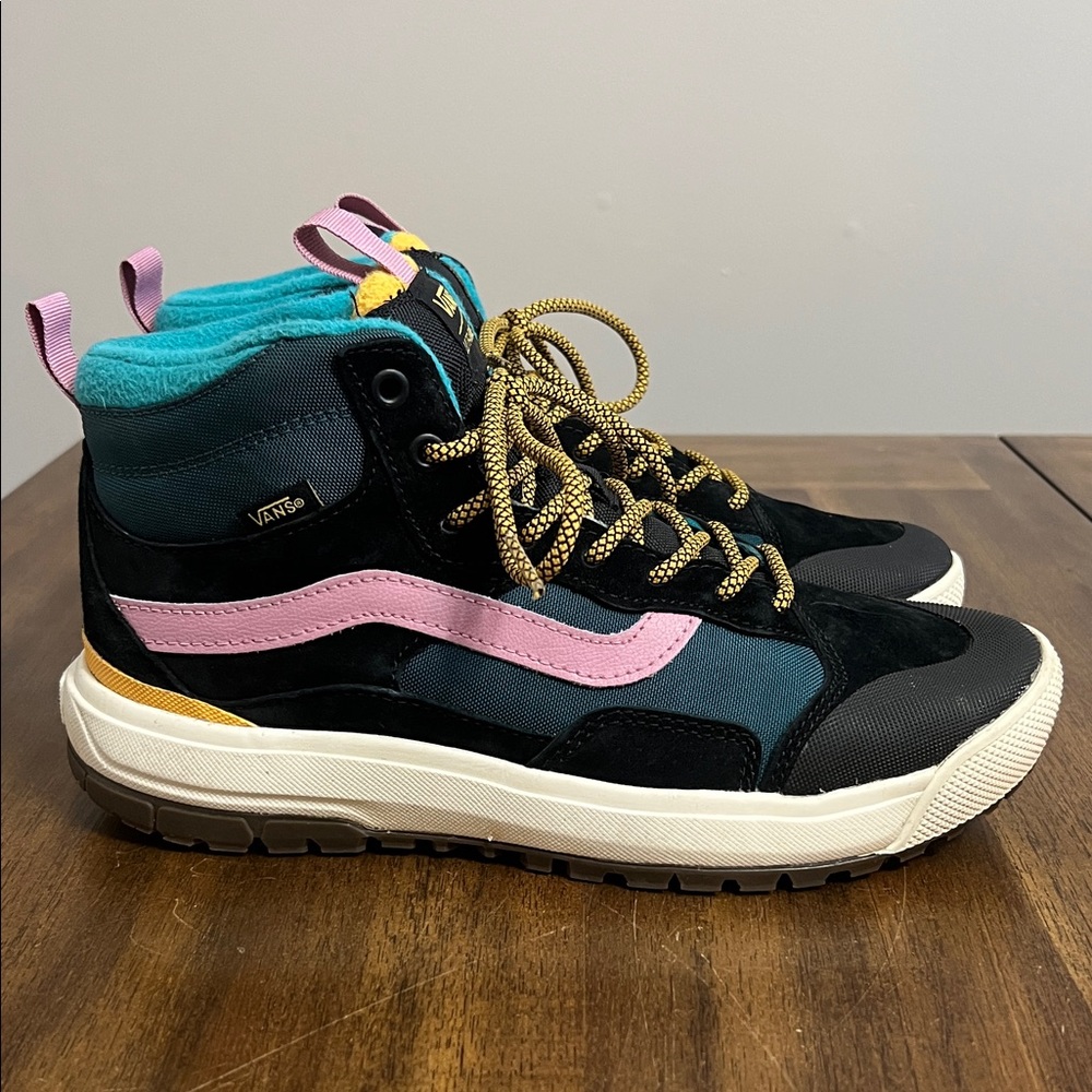 Vans High-Top Sneakers in Black, Pink, Teal & Yellow